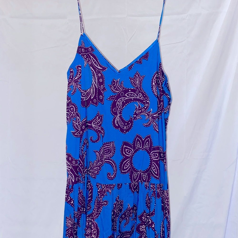 Blue paisley Spaghetti strap sundress with bottom-down back closure.